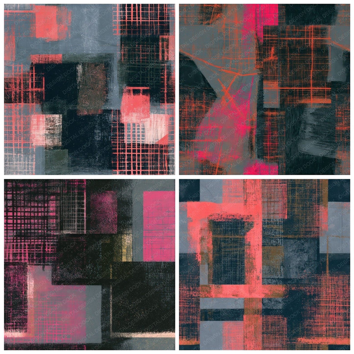 Woodcut Neon Grids Jet Rose Seamless Digital Paper Pack (DDD013379)