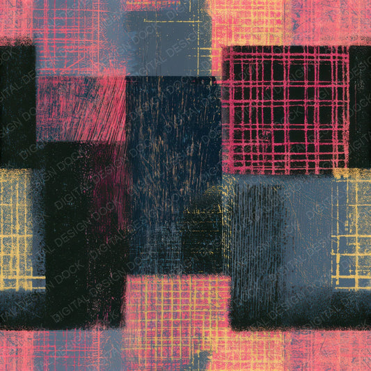 Woodcut Neon Grids Jet Rose Seamless Digital Paper Pack (DDD013379)