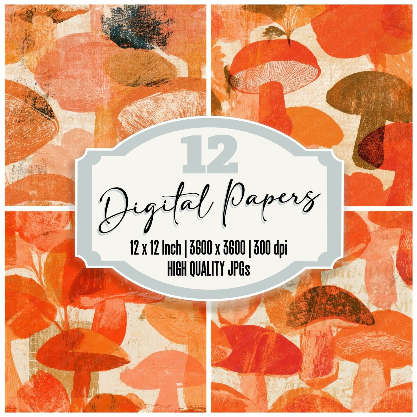 Woodcut Porcini Tangerine Seamless Digital Paper Pack (DDD013381)