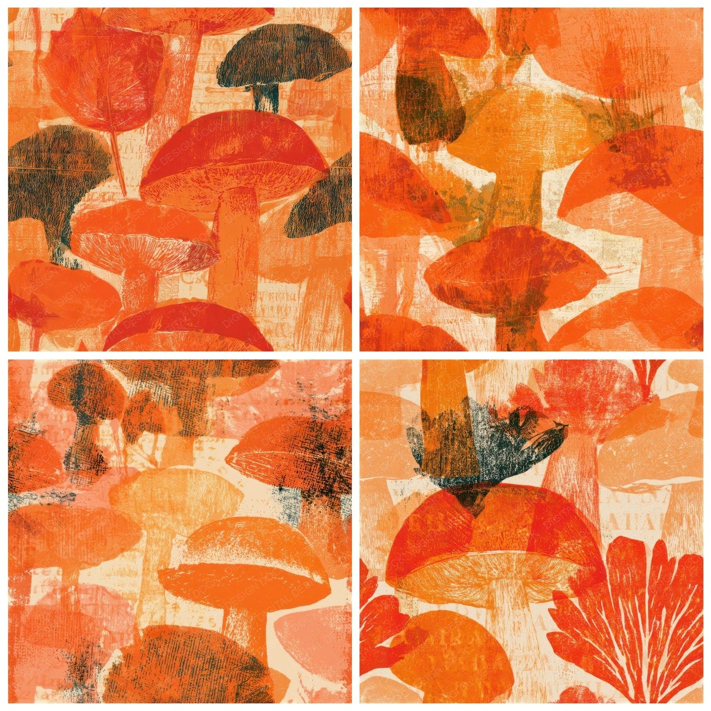 Woodcut Porcini Tangerine Seamless Digital Paper Pack (DDD013381)