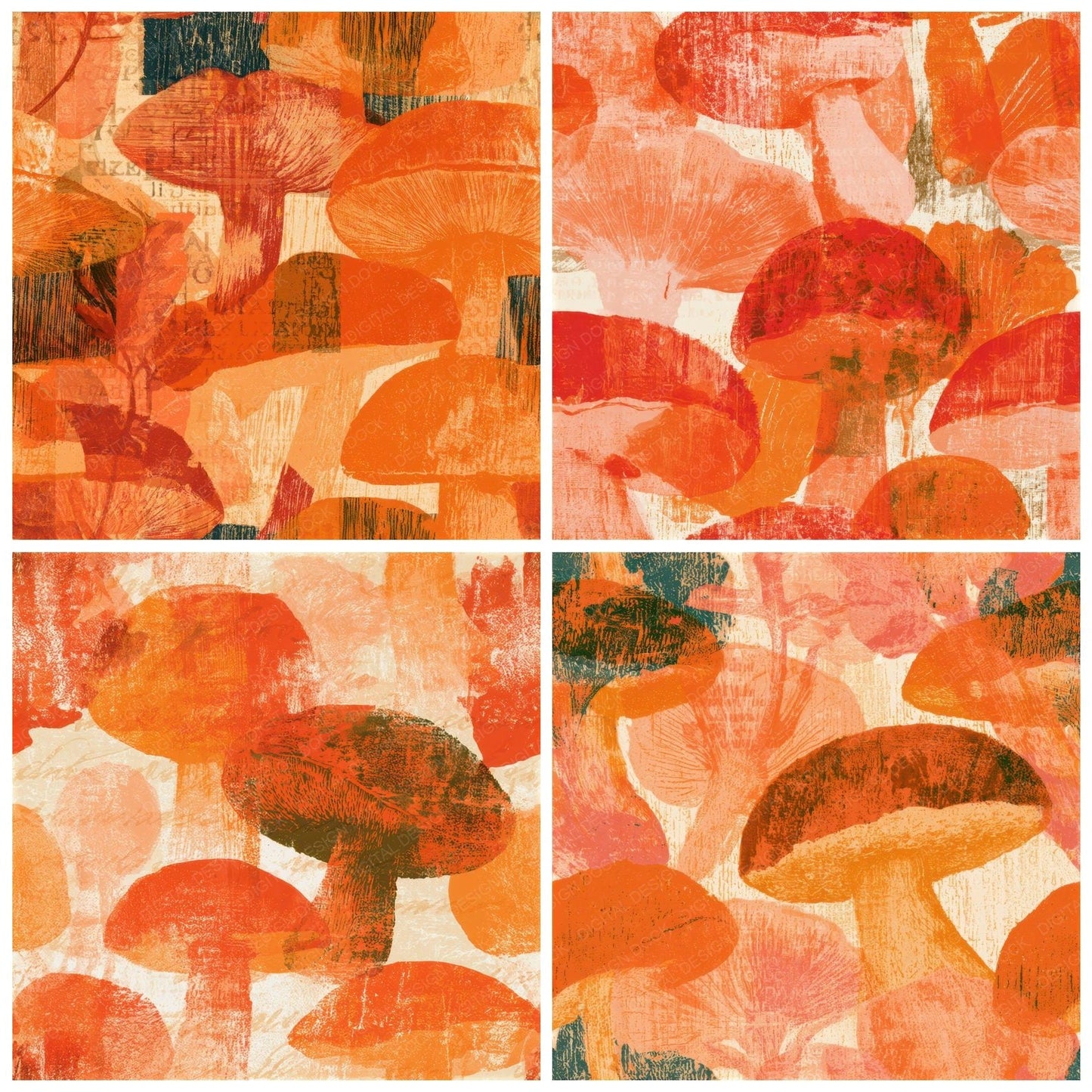 Woodcut Porcini Tangerine Seamless Digital Paper Pack (DDD013381)