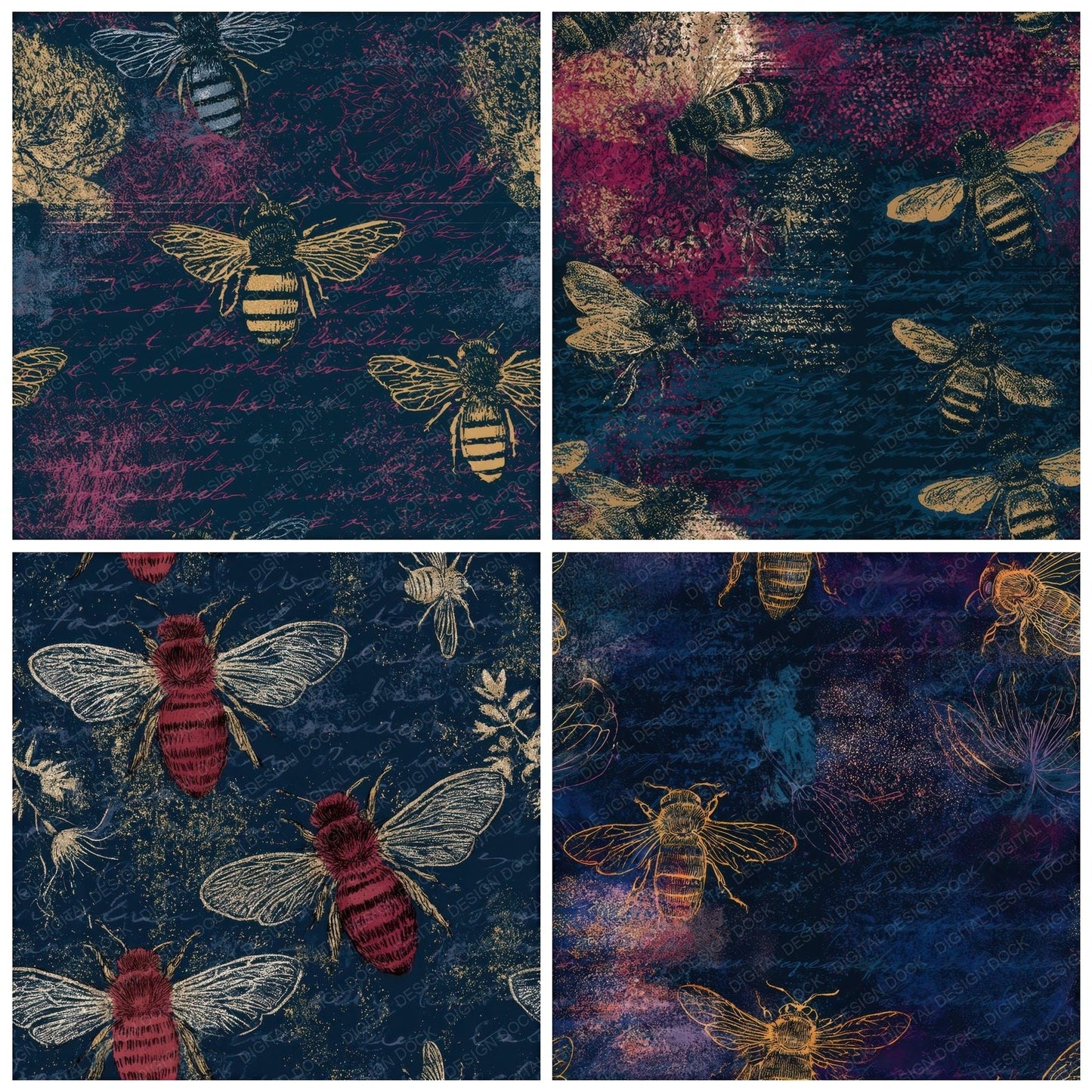 Minimal Bees Rose Navy Seamless Digital Paper Pack (DDD013385)