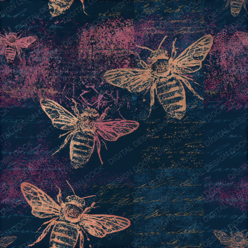 Minimal Bees Rose Navy Seamless Digital Paper Pack (DDD013385)
