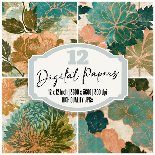 Woodblock Florals Olive Peach Turquoise Seamless Digital Paper Pack (DDD013395)