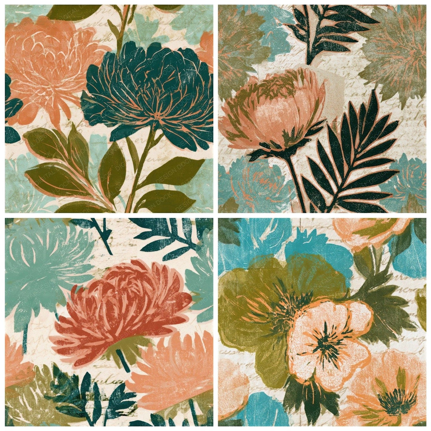 Woodblock Florals Olive Peach Turquoise Seamless Digital Paper Pack (DDD013395)