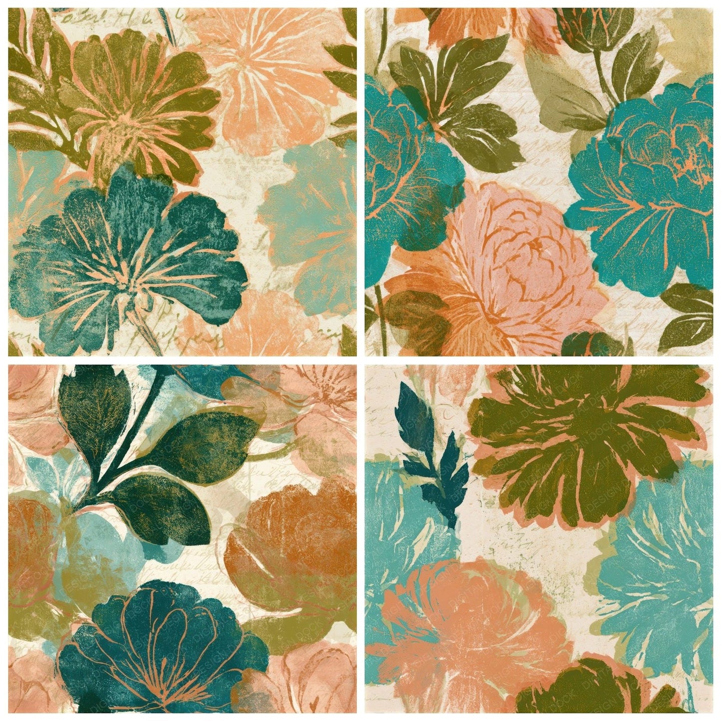 Woodblock Florals Olive Peach Turquoise Seamless Digital Paper Pack (DDD013395)