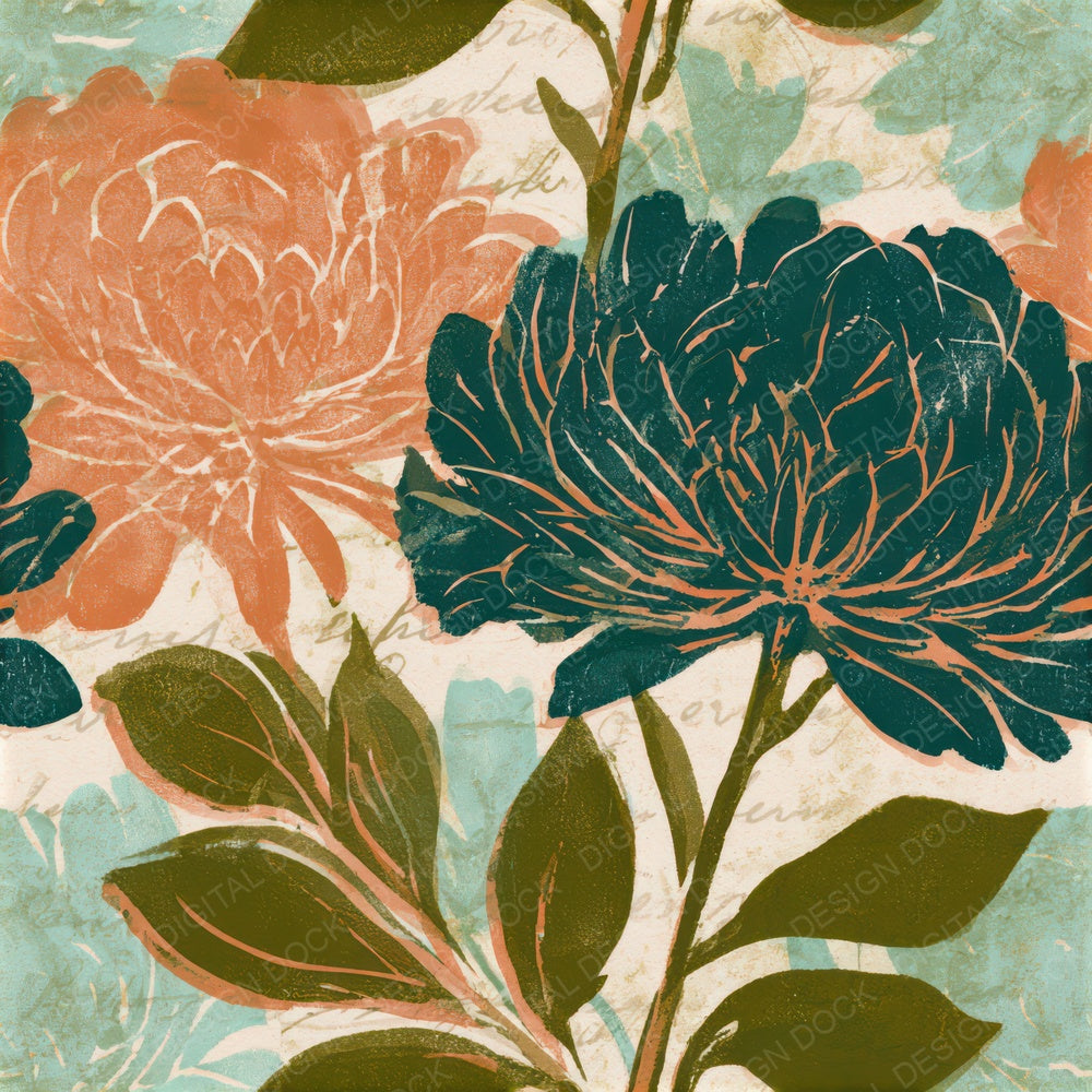 Woodblock Florals Olive Peach Turquoise Seamless Digital Paper Pack (DDD013395)