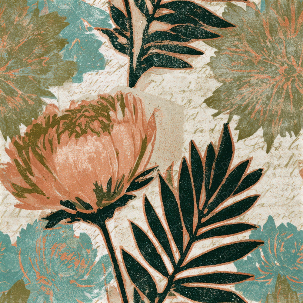 Woodblock Florals Olive Peach Turquoise Seamless Digital Paper Pack (DDD013395)