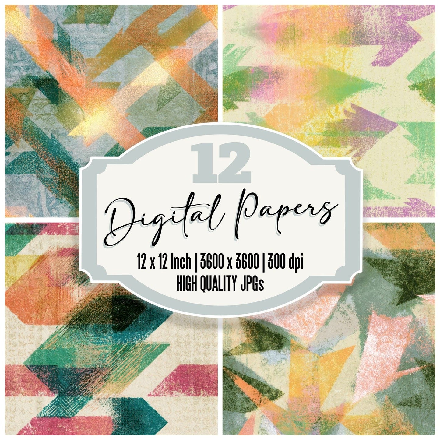 Woodblock Neon Arrows Sage Seamless Digital Paper Pack (DDD013396)