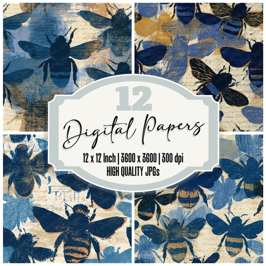Woodcut Bumblebees Denim Navy Seamless Digital Paper Pack (DDD013397)