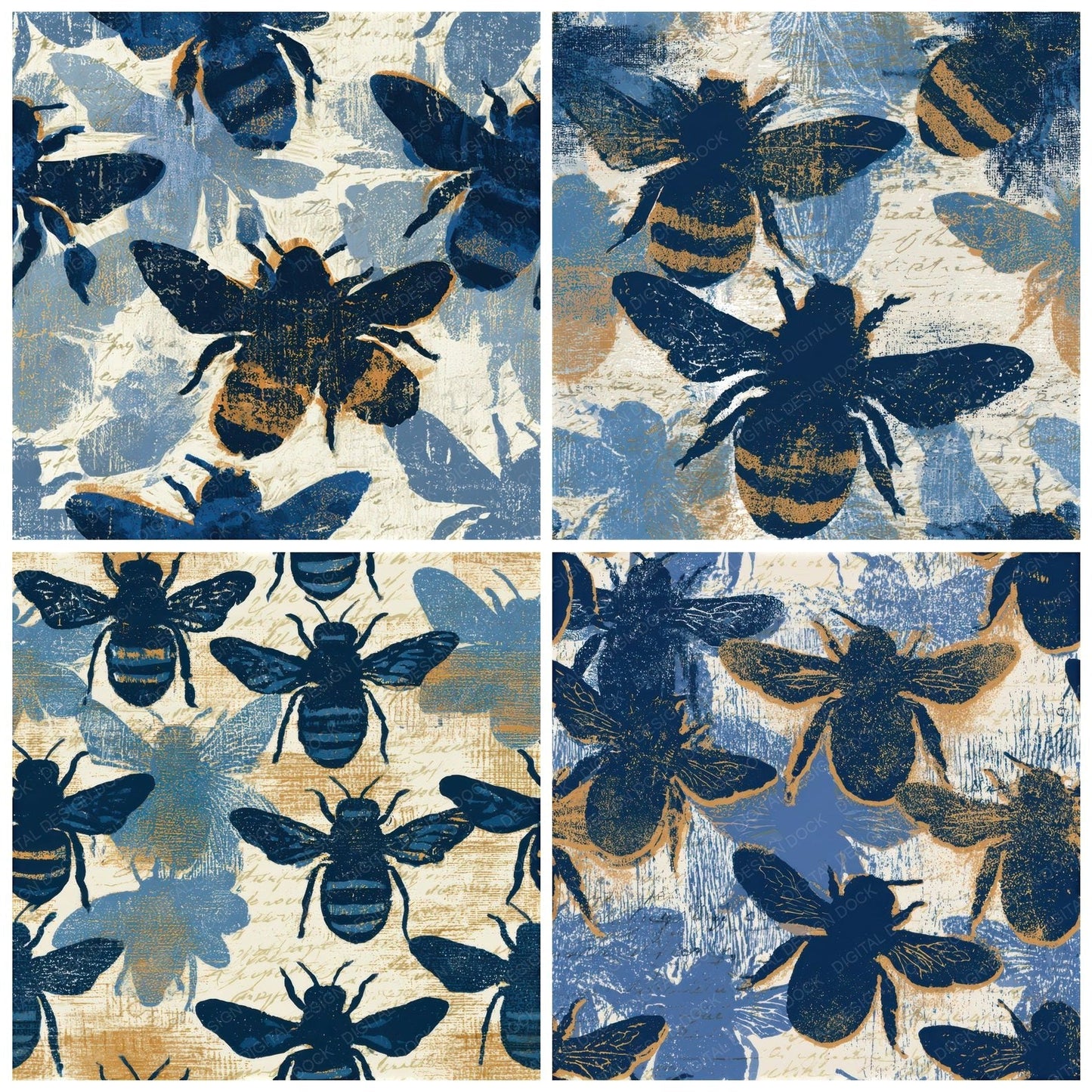 Woodcut Bumblebees Denim Navy Seamless Digital Paper Pack (DDD013397)
