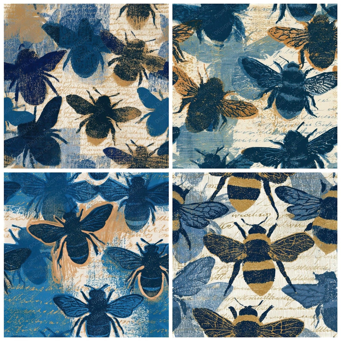Woodcut Bumblebees Denim Navy Seamless Digital Paper Pack (DDD013397)