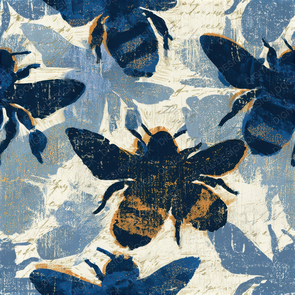 Woodcut Bumblebees Denim Navy Seamless Digital Paper Pack (DDD013397)