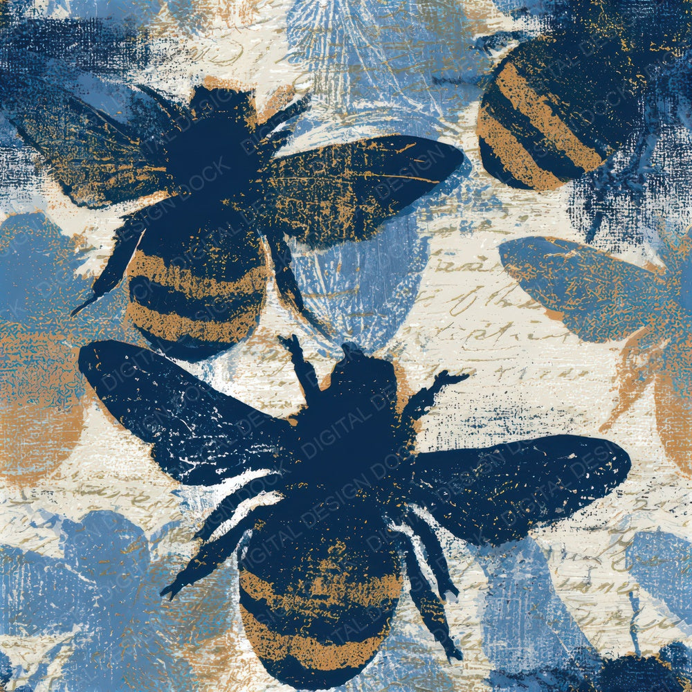 Woodcut Bumblebees Denim Navy Seamless Digital Paper Pack (DDD013397)