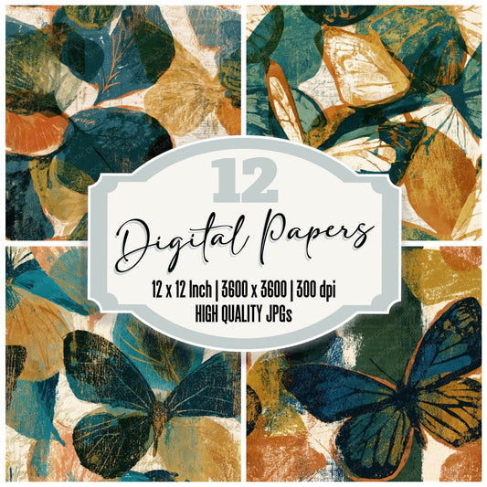 Woodcut Butterfly Wings Gold Seamless Digital Paper Pack (DDD013398)