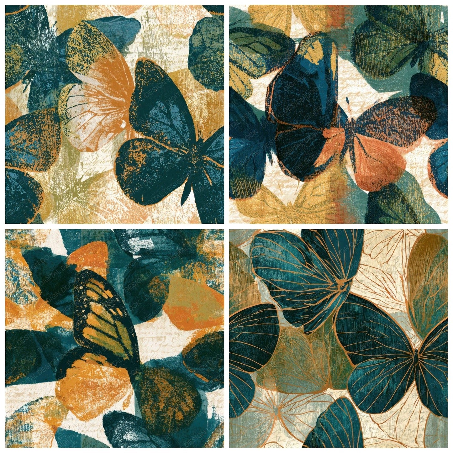 Woodcut Butterfly Wings Gold Seamless Digital Paper Pack (DDD013398)