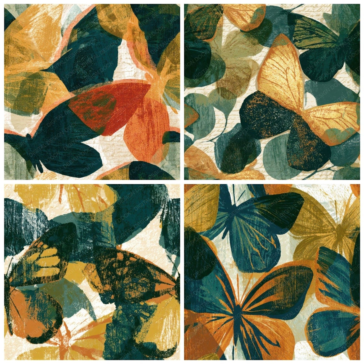 Woodcut Butterfly Wings Gold Seamless Digital Paper Pack (DDD013398)