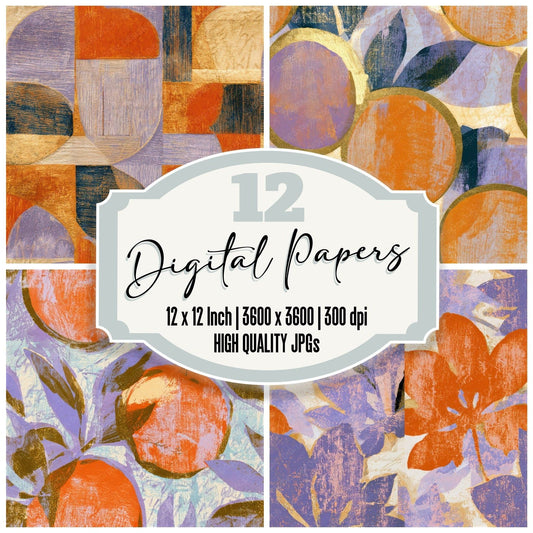 Woodcut Oranges Lavender Butter Seamless Digital Paper Pack (DDD013399)