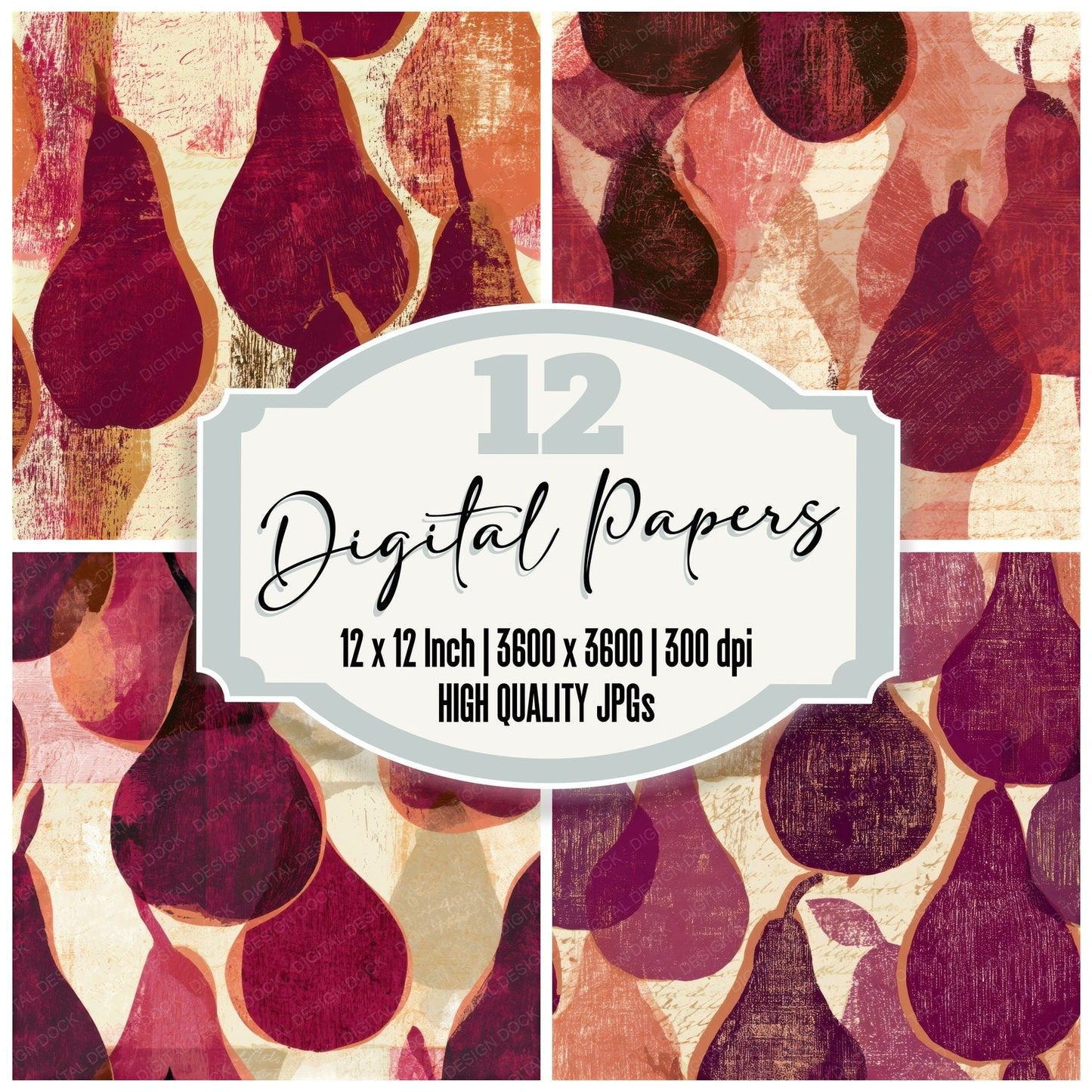 Woodcut Pear Cherry Currant Seamless Digital Paper Pack (DDD013400)