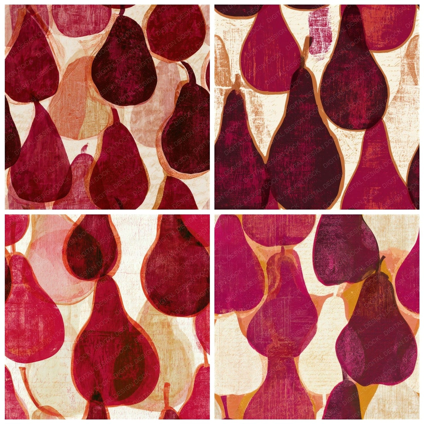 Woodcut Pear Cherry Currant Seamless Digital Paper Pack (DDD013400)