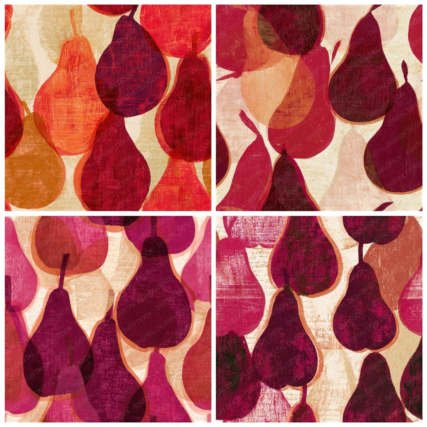 Woodcut Pear Cherry Currant Seamless Digital Paper Pack (DDD013400)