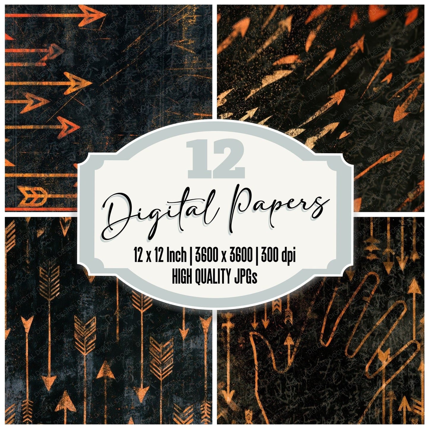 Minimal Neon Arrows Charcoal Gold Digital Paper Pack (DDD013405)