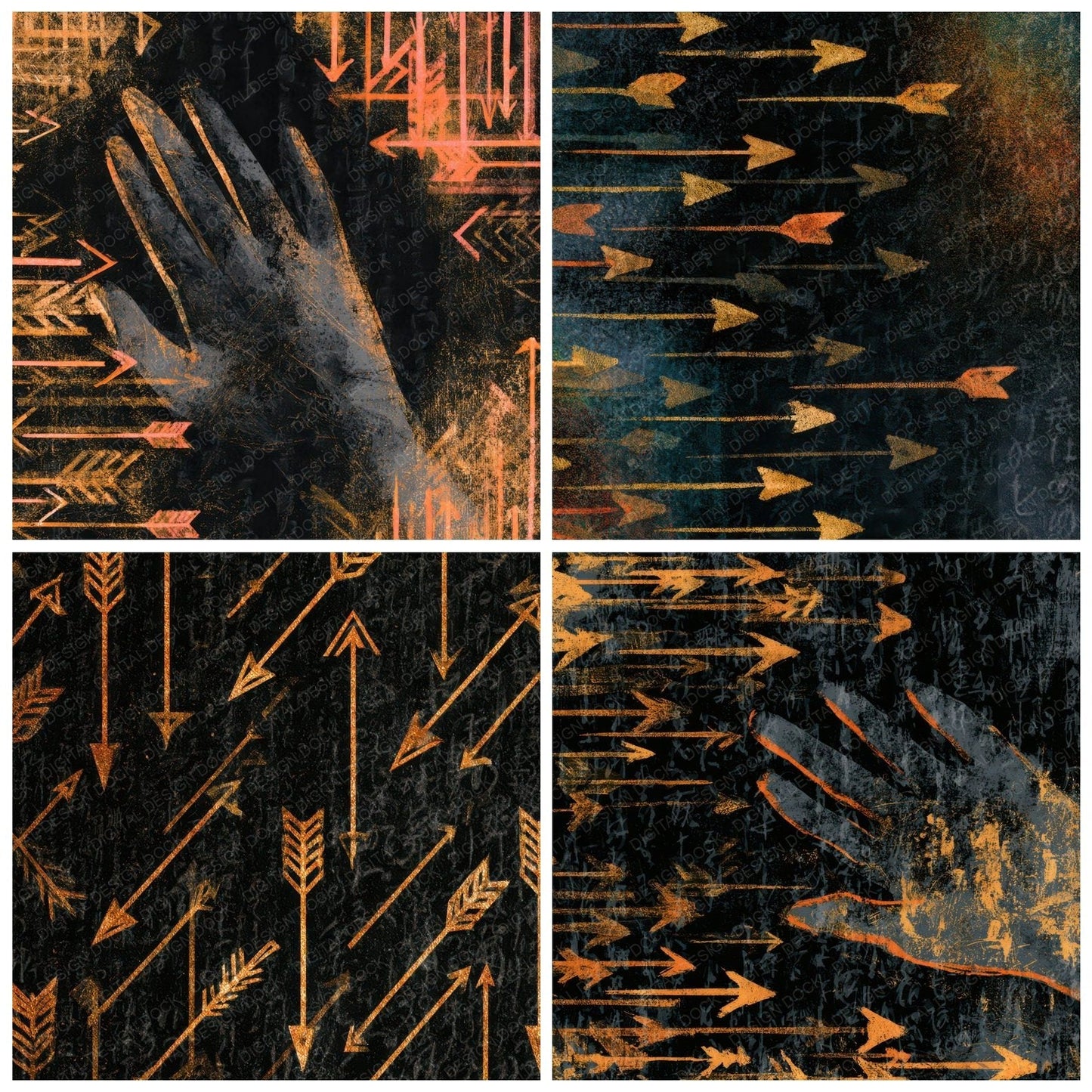 Minimal Neon Arrows Charcoal Gold Digital Paper Pack (DDD013405)