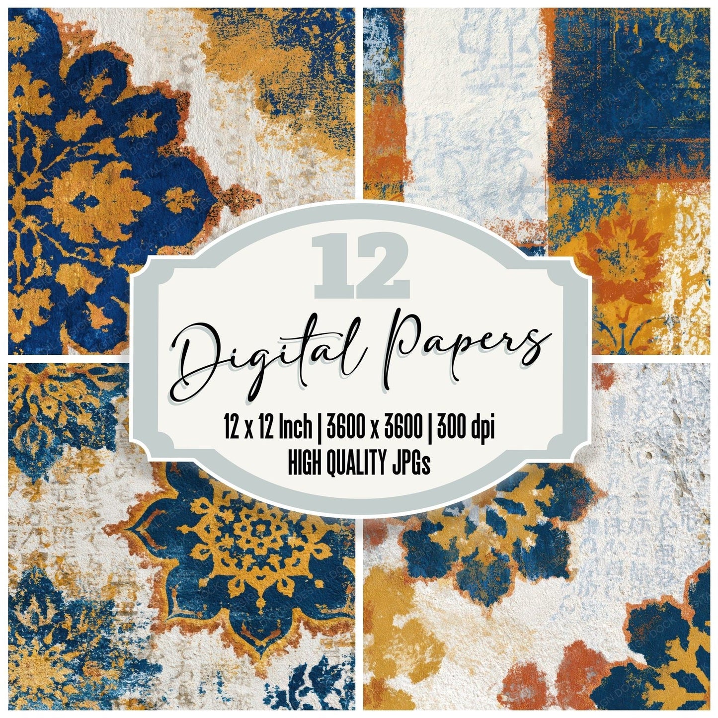 Minimal Persian Rug Cobalt Yellow Digital Paper Pack (DDD013407)