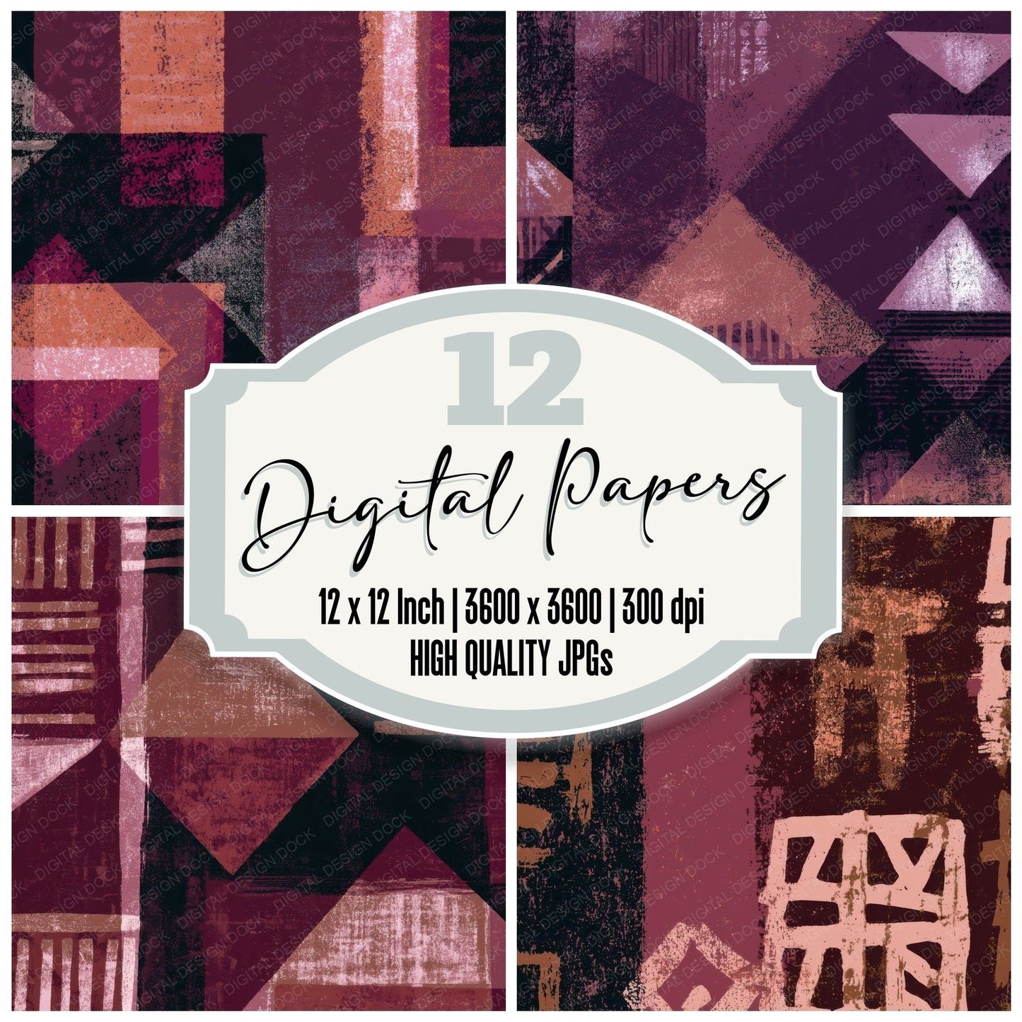 Screenprint Mudcloth Rose Aubergine Digital Paper Pack (DDD013409)