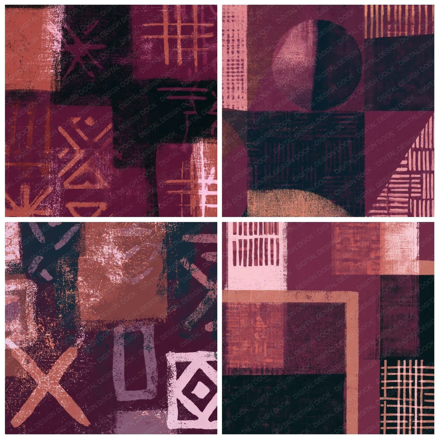 Screenprint Mudcloth Rose Aubergine Digital Paper Pack (DDD013409)