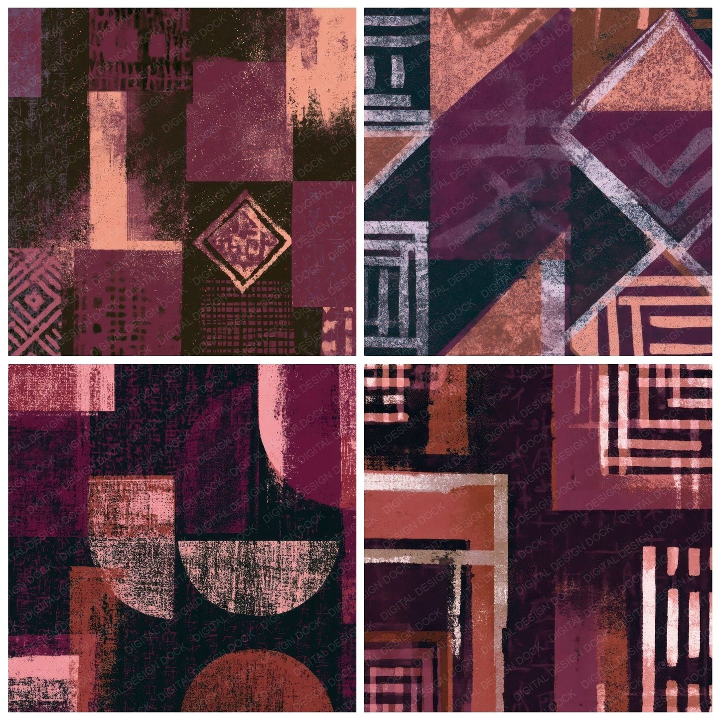 Screenprint Mudcloth Rose Aubergine Digital Paper Pack (DDD013409)