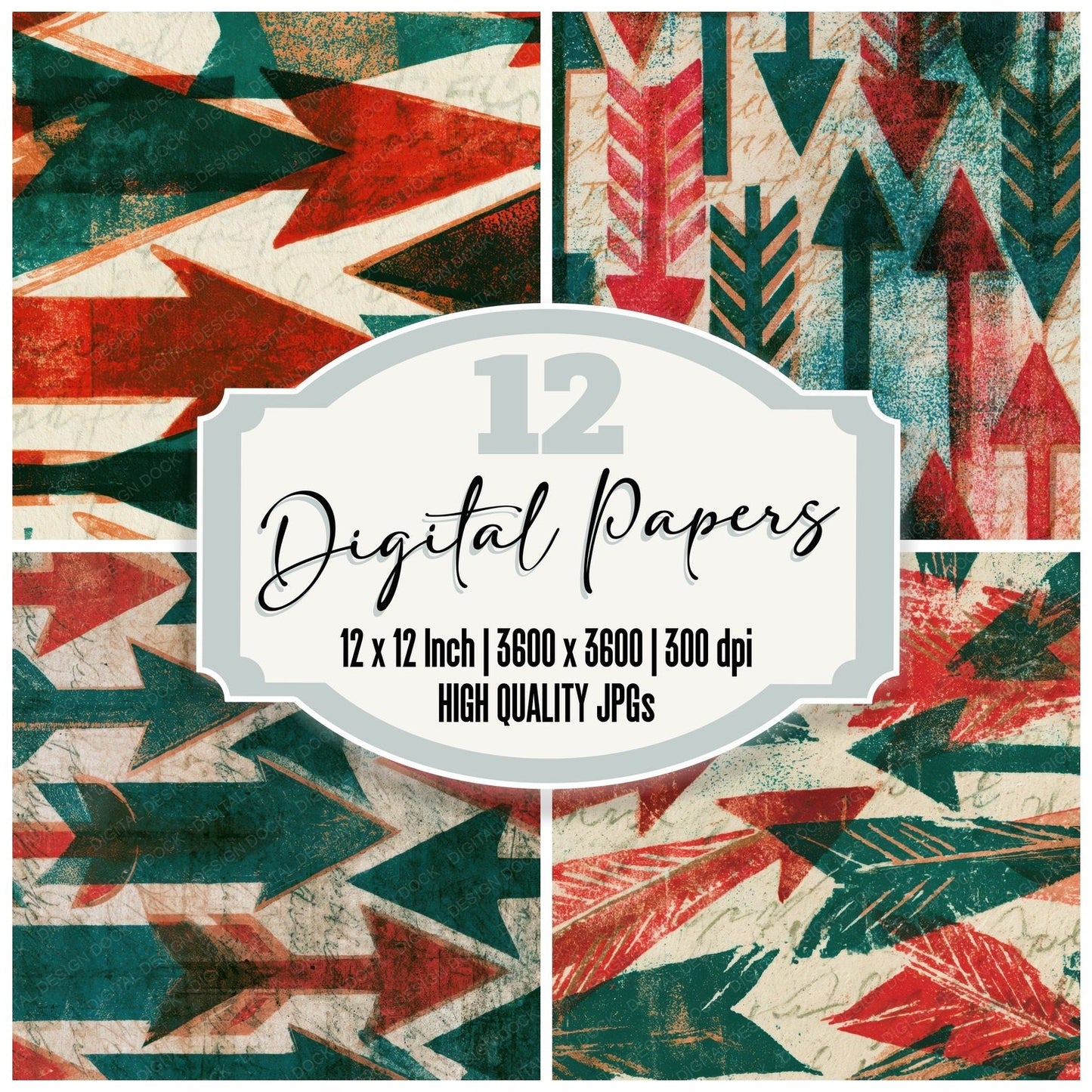 Woodblock Neon Arrows Emerald Ruby Digital Paper Pack (DDD013415)