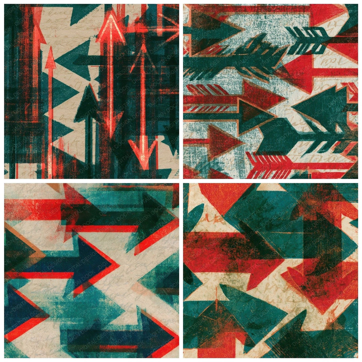 Woodblock Neon Arrows Emerald Ruby Digital Paper Pack (DDD013415)