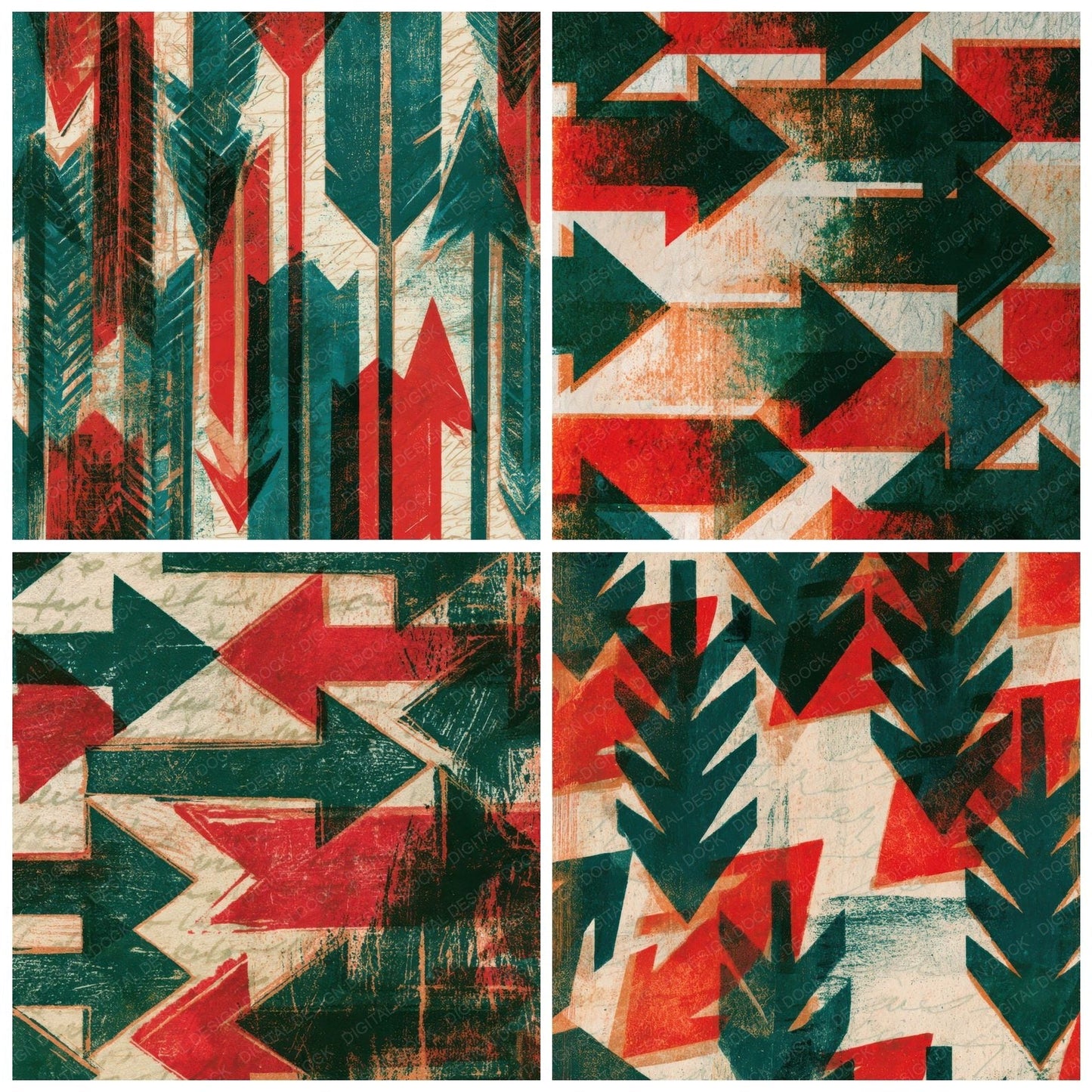 Woodblock Neon Arrows Emerald Ruby Digital Paper Pack (DDD013415)