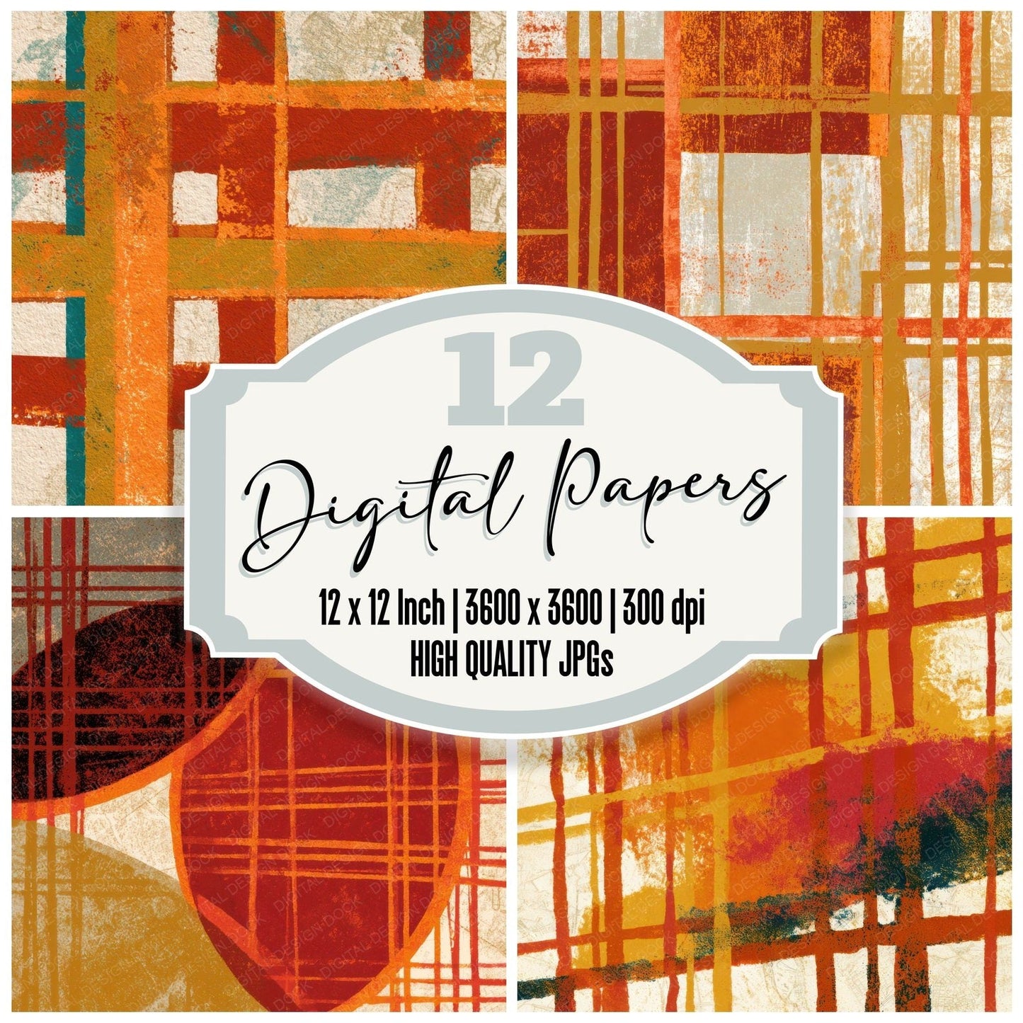 Woodblock Neon Grids Terracotta Mustard Digital Paper Pack (DDD013416)