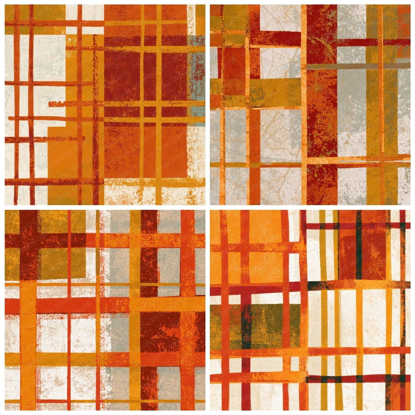Woodblock Neon Grids Terracotta Mustard Digital Paper Pack (DDD013416)