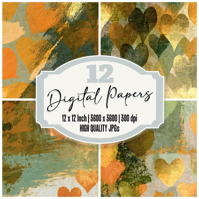 Woodblock Neon Hearts Amber Sage Digital Paper Pack (DDD013417)