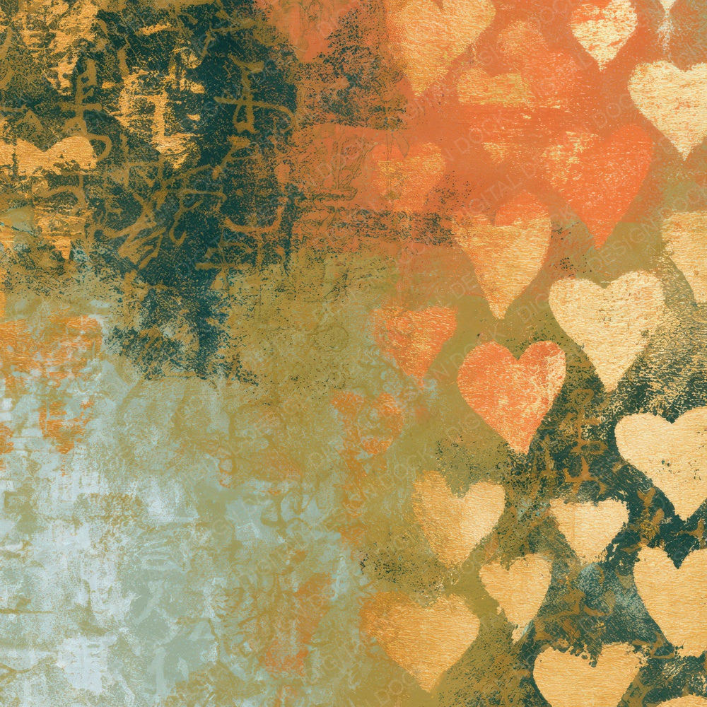 Woodblock Neon Hearts Amber Sage Digital Paper Pack (DDD013417)