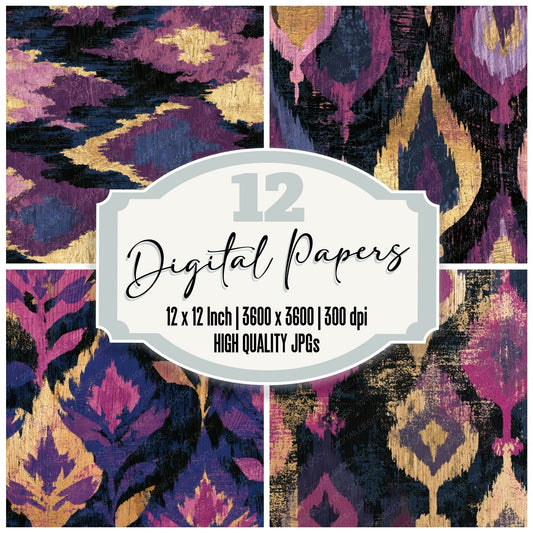 Woodcut Ikat Mauve Plum Gold Digital Paper Pack (DDD013419)