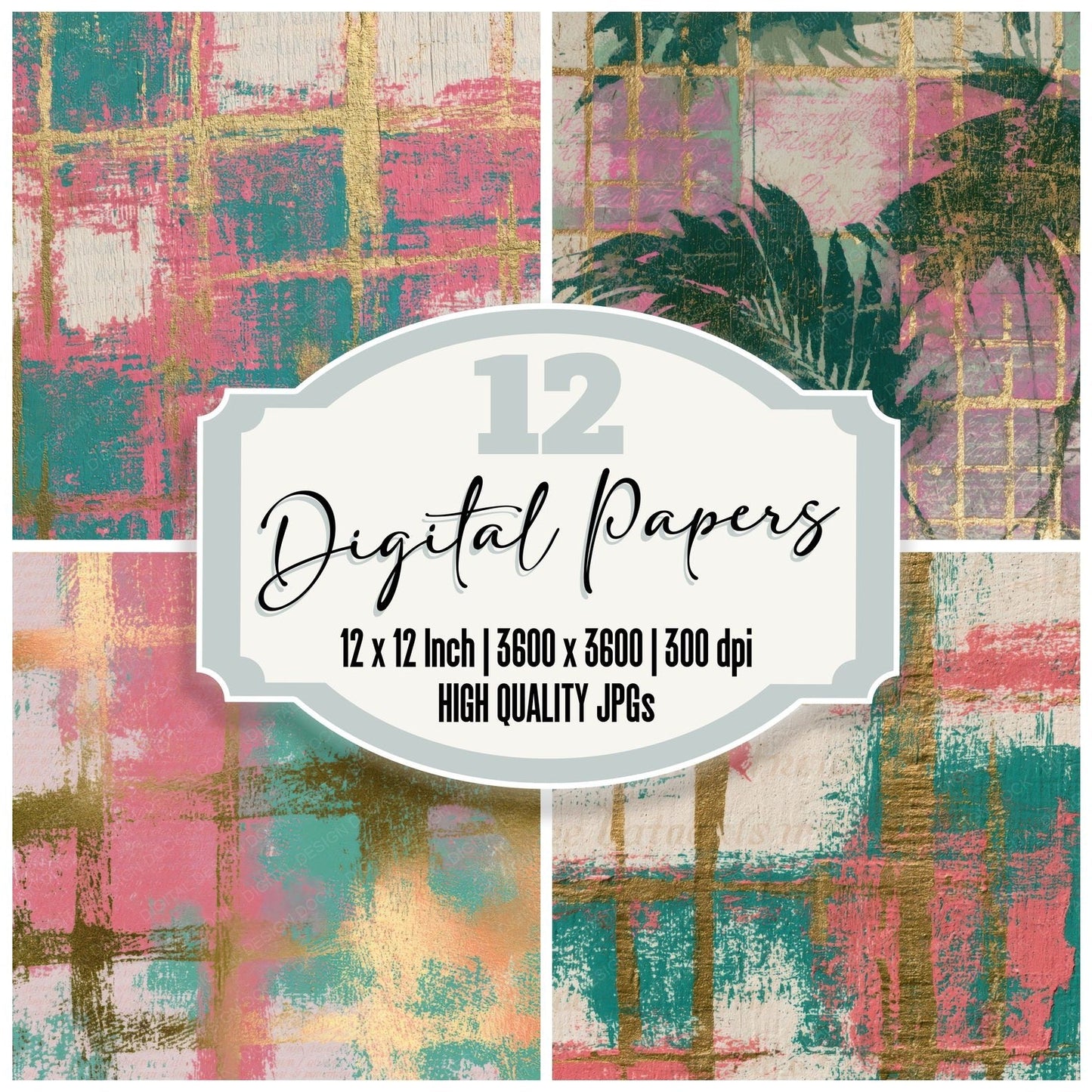 Woodcut Neon Grids Cotton Candy Mint Digital Paper Pack (DDD013420)