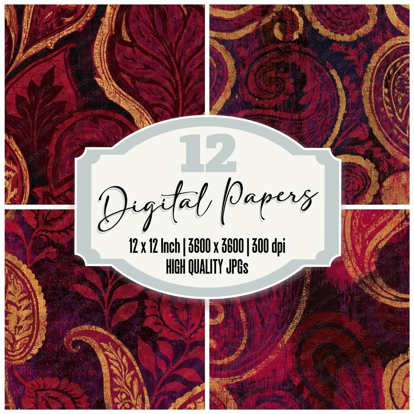 Woodcut Paisley Cherry Currant Digital Paper Pack (DDD013421)