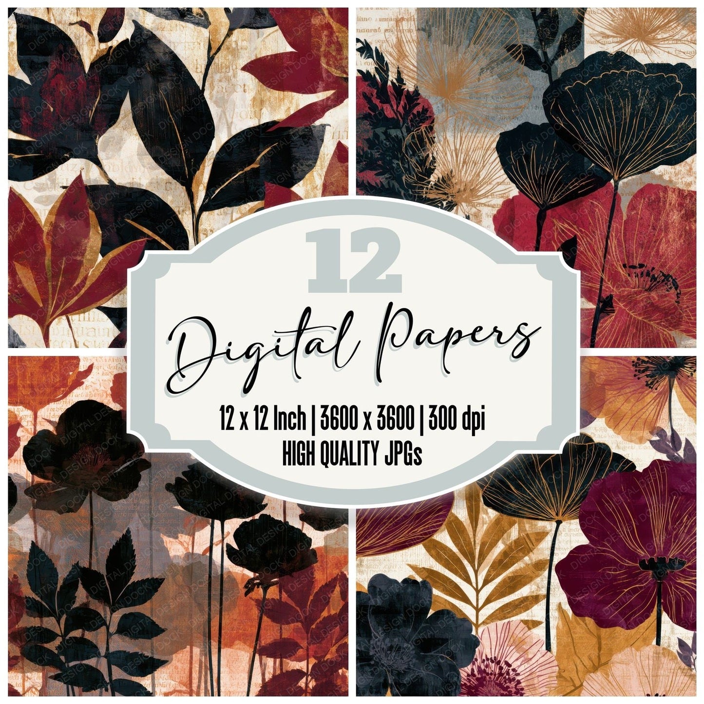 X-Ray Art Nouveau Floral Oxblood Digital Paper Pack (DDD013422)