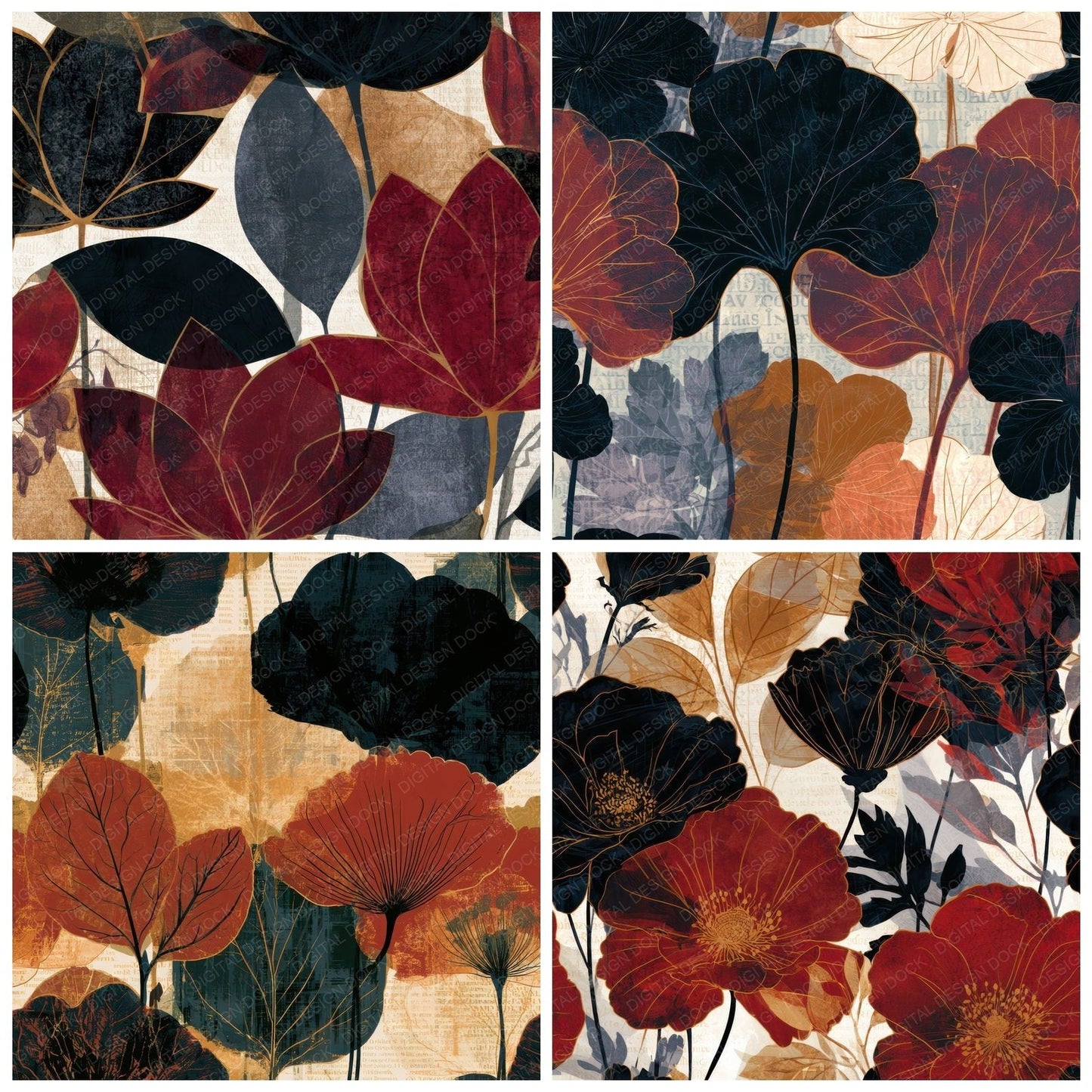 X-Ray Art Nouveau Floral Oxblood Digital Paper Pack (DDD013422)