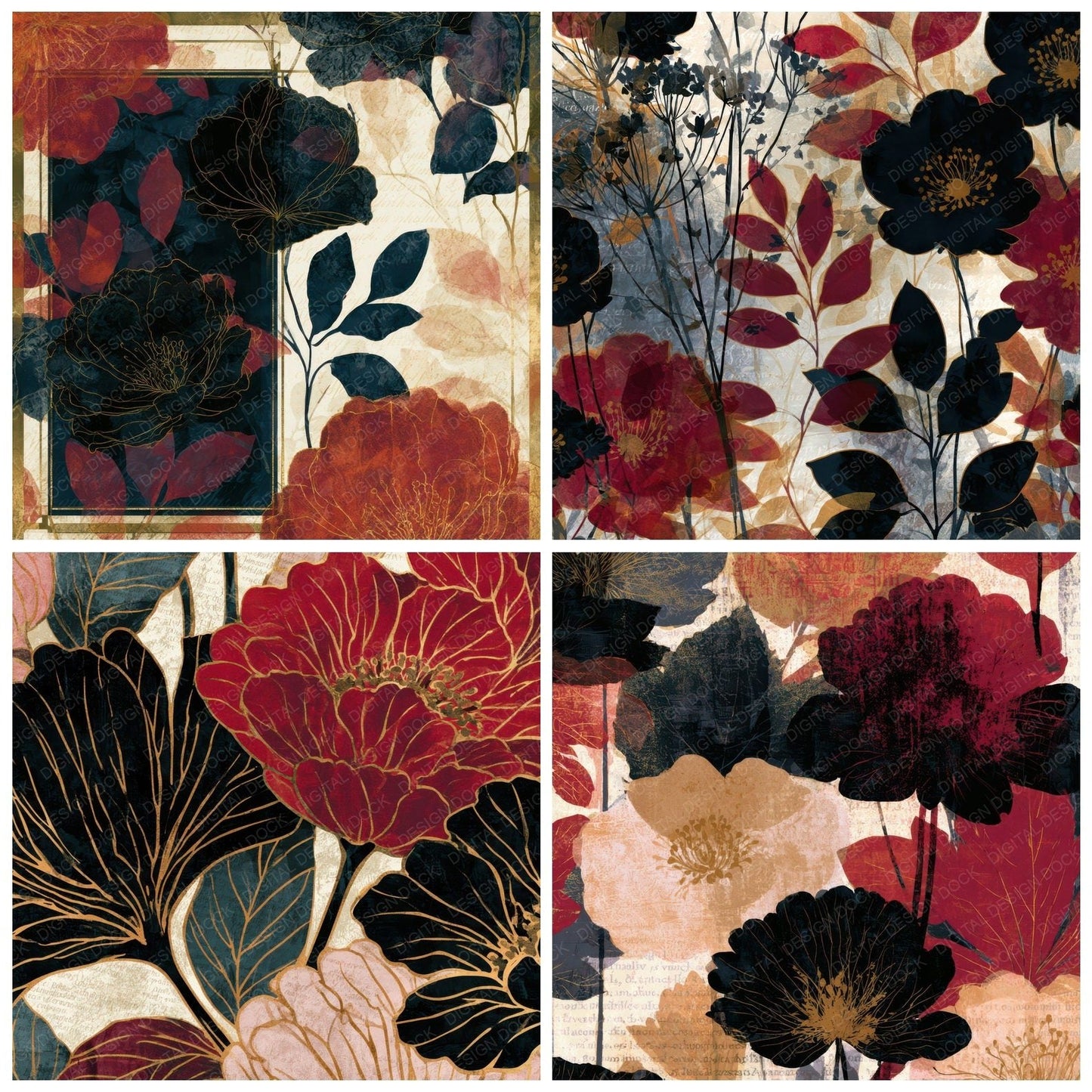 X-Ray Art Nouveau Floral Oxblood Digital Paper Pack (DDD013422)