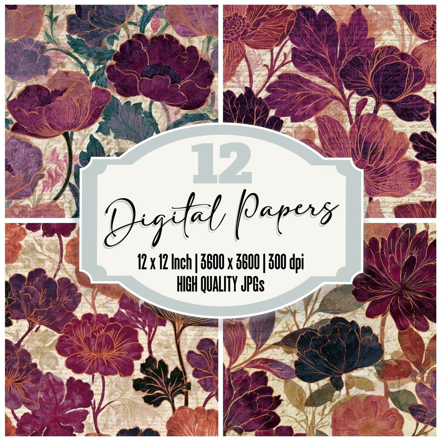 X-Ray William Morris Florals Raspberry Plum Digital Paper Pack (DDD013424)