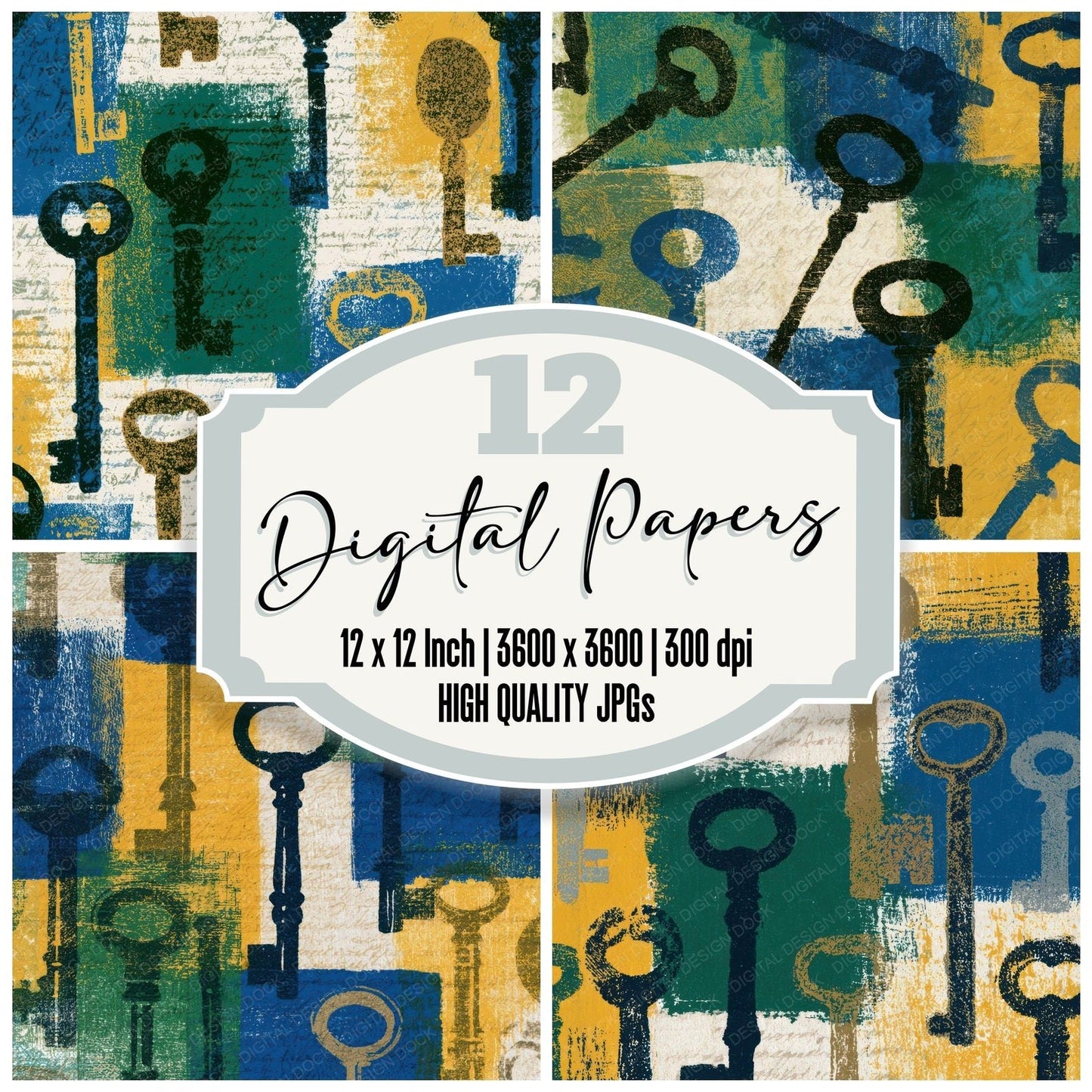 Screenprint Antique Keys Azure Cypress Digital Paper Pack (DDD013431)