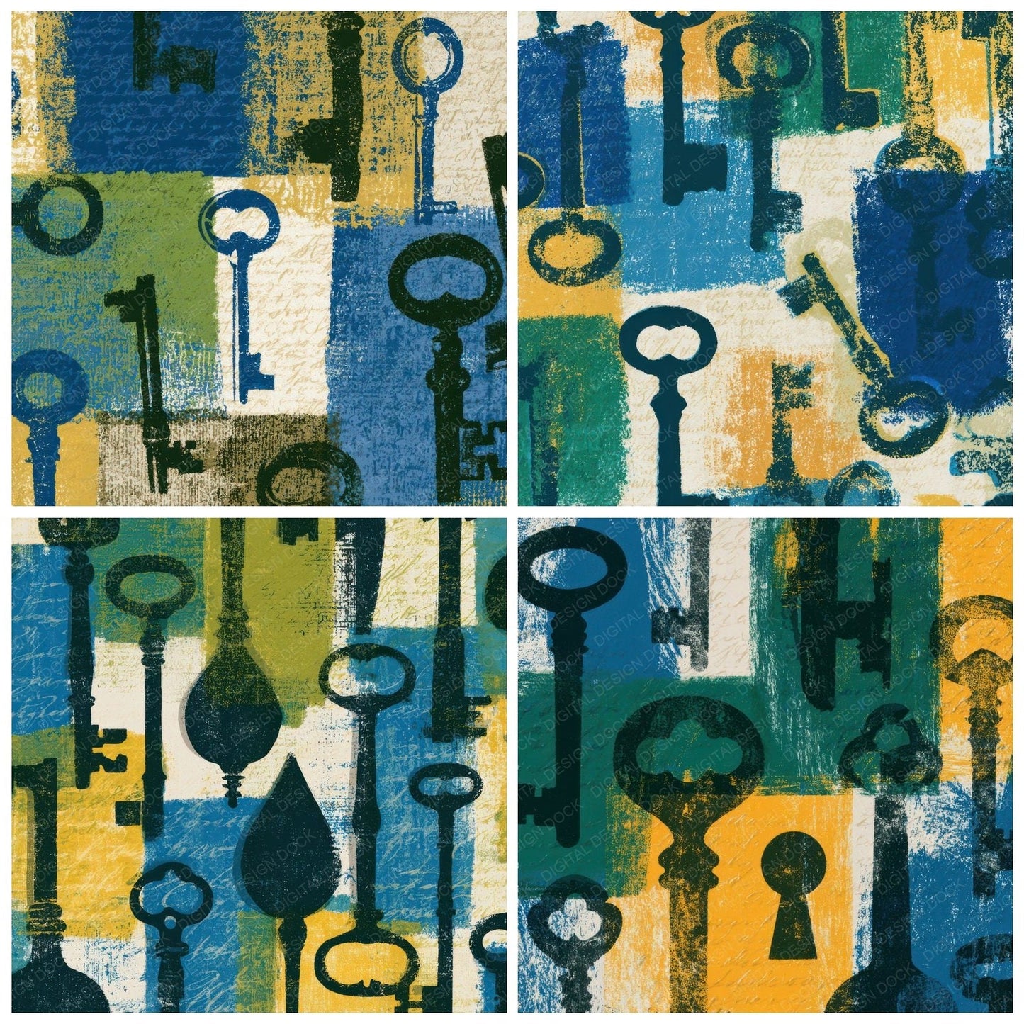 Screenprint Antique Keys Azure Cypress Digital Paper Pack (DDD013431)