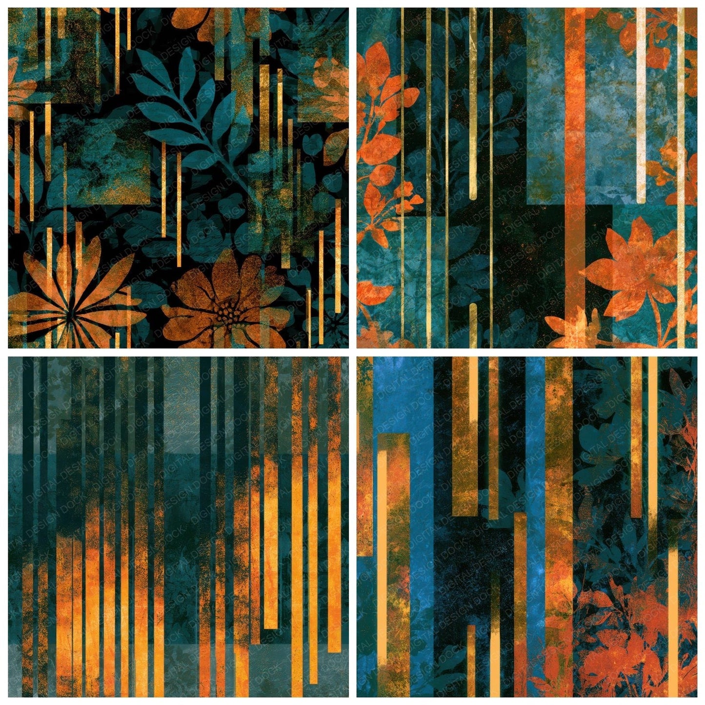 Screenprint Neon Florals Navy Copper Digital Paper Pack (DDD013433)