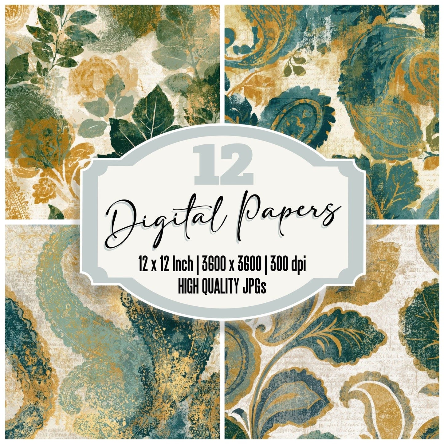 Screenprint Paisley Eucalyptus Gold Digital Paper Pack (DDD013435)