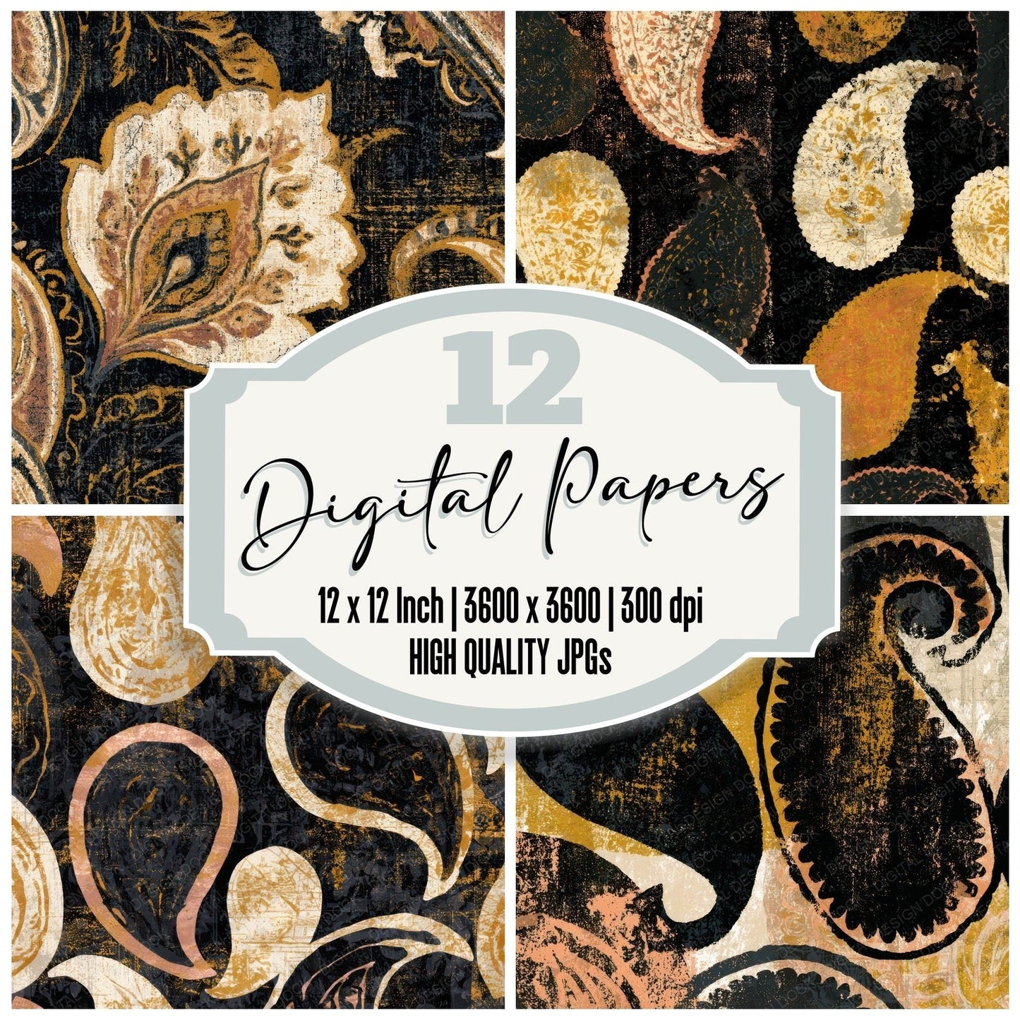Screenprint Paisley Mustard Cream Digital Paper Pack (DDD013436)